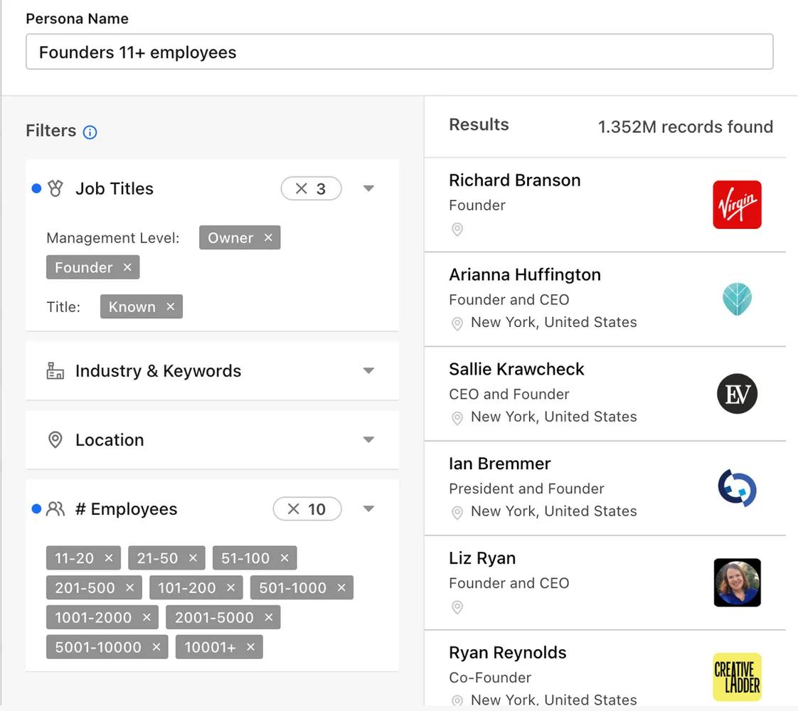Apollo search for founders and owners at companies with 11+ employees, showing 1.352M records