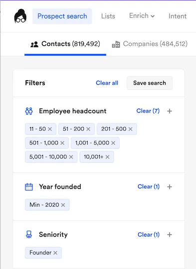 Lusha prospect search filtered by headcount, year founded up to 2020 and Founder seniority, showing 819,492 contacts