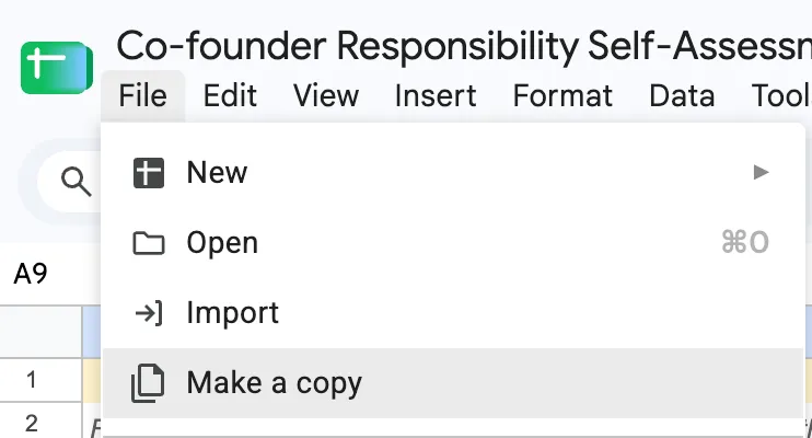 Google Sheets File menu with Make a copy highlighted